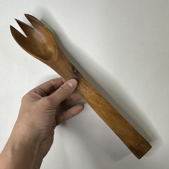 Vintage Wooden Serving Bowl Apple Shaped Fork Spoon Utensils Salad Pumpkin - Picture 8 of 16